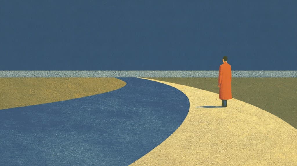 A figure standing on a winding path between blue and amber fields under a calm dark sky — representing steady forward progress through systematic discipline